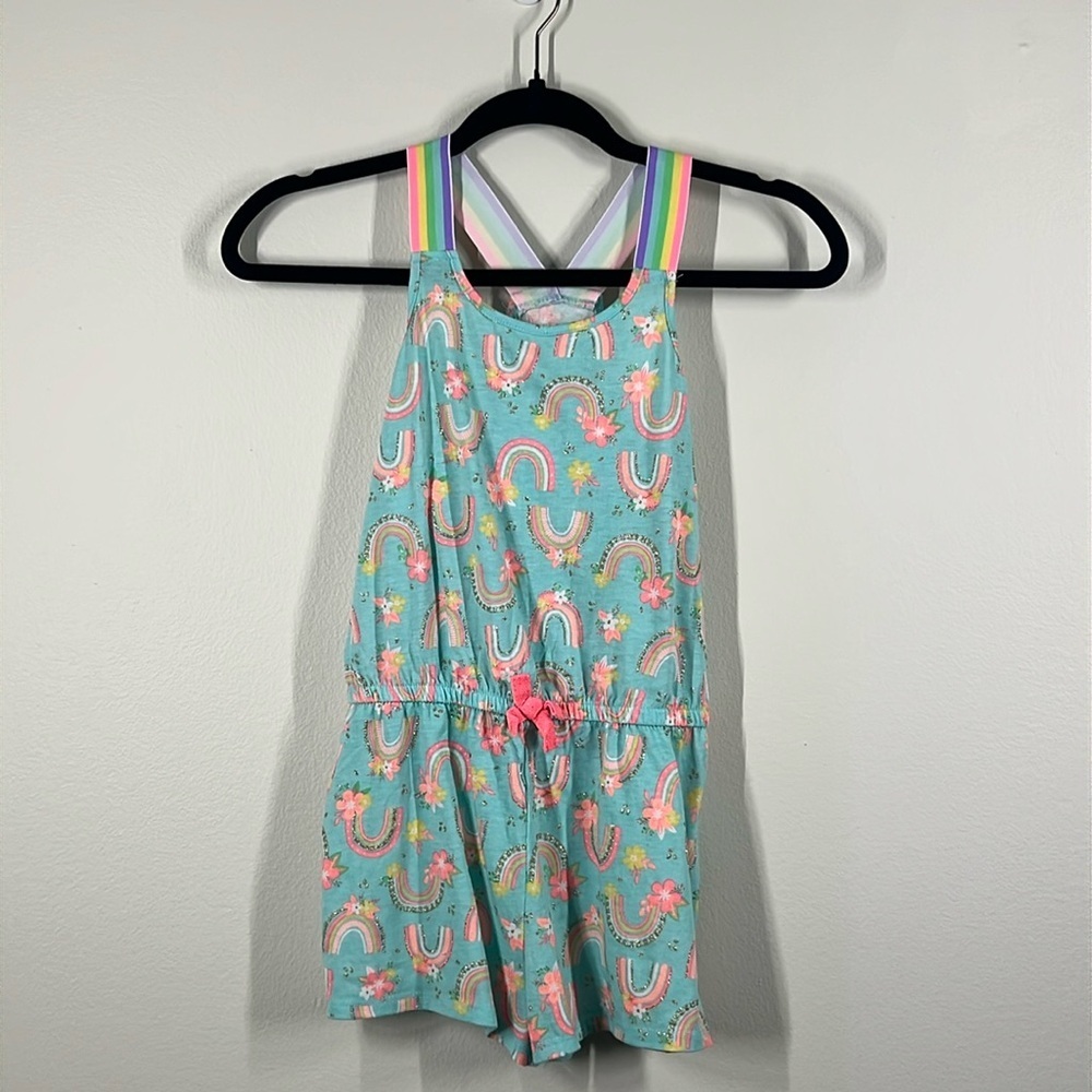 Cynthia Rowley Girls S Large 10-12 Blue Rainbow Floral Bib Overall Summer